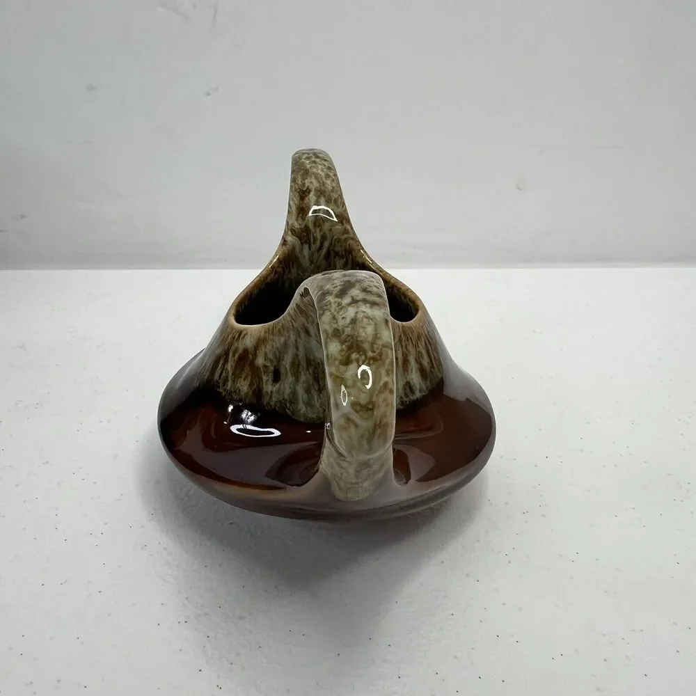 Vintage MCM Art Pottery Brown Drip Glaze Sugar‎ Dish Marked 70 Mid Century